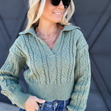 Deep V Crop Cable Knit Sweater In Olive - Infinity Raine