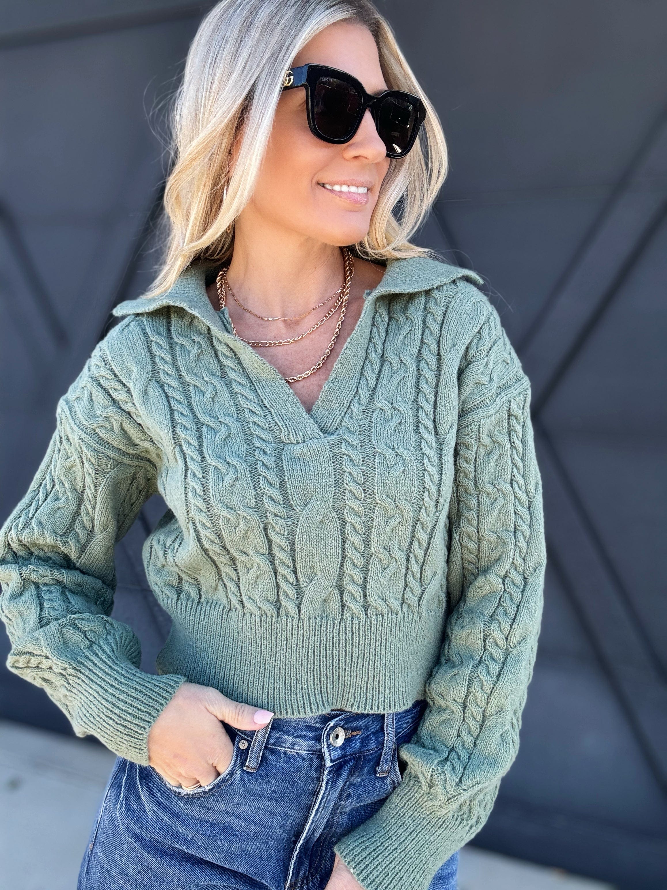 Deep V Crop Cable Knit Sweater In Olive - Infinity Raine