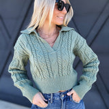 Deep V Crop Cable Knit Sweater In Olive - Infinity Raine