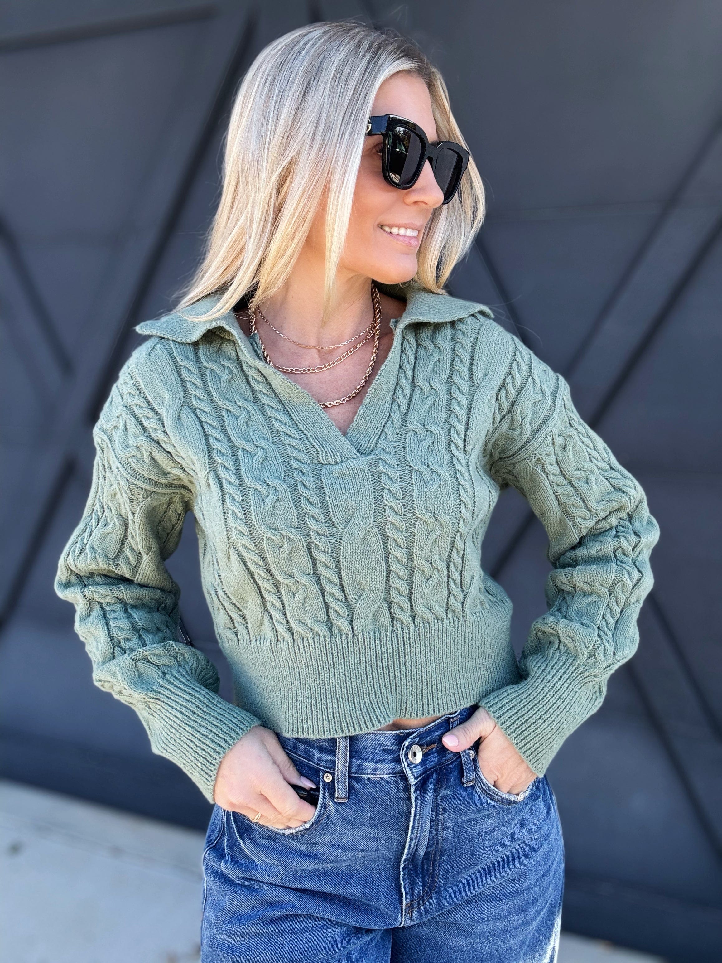 Deep V Crop Cable Knit Sweater In Olive - Infinity Raine