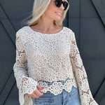 Flare Flower Crochet Knit Crop In Oatmeal - Infinity Raine