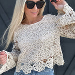 Flare Flower Crochet Knit Crop In Oatmeal - Infinity Raine