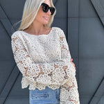 Flare Flower Crochet Knit Crop In Oatmeal - Infinity Raine