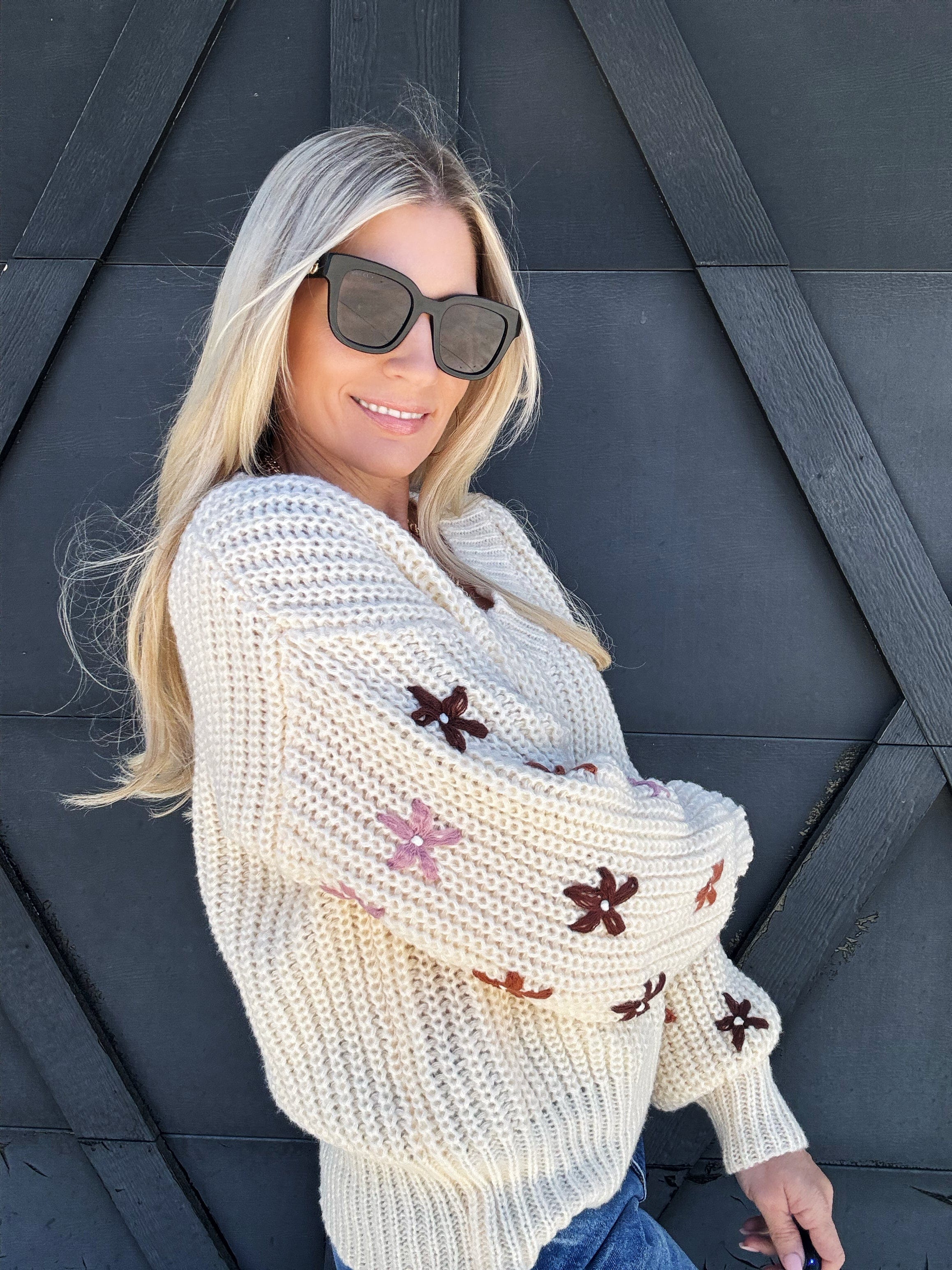 Flower Embroidered V Neck Sweater In Oatmeal - Infinity Raine