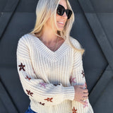 Flower Embroidered V Neck Sweater In Oatmeal - Infinity Raine