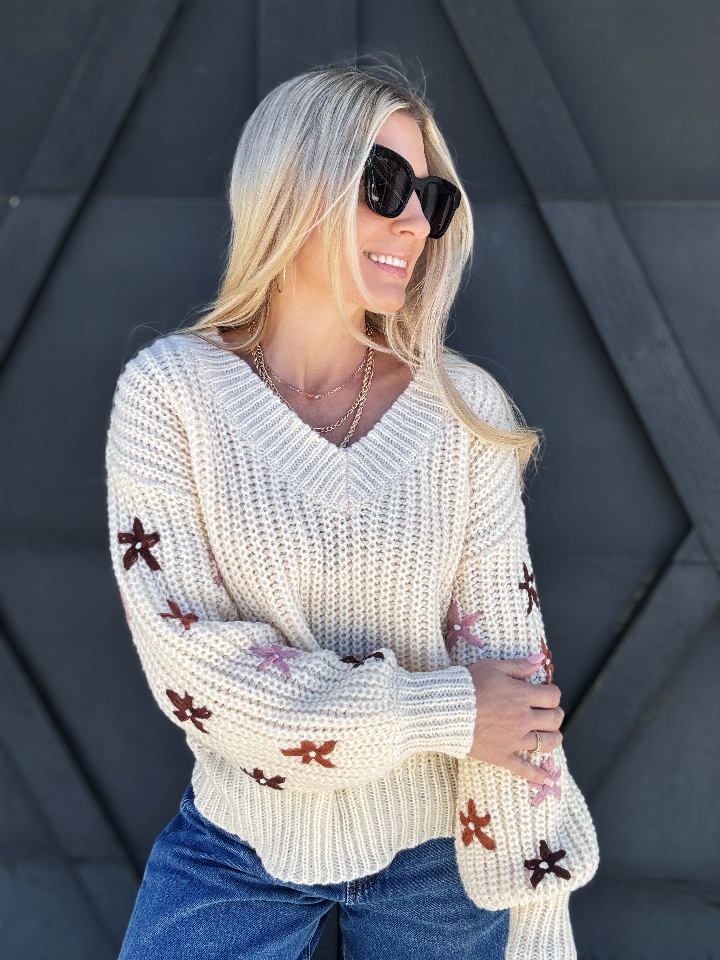 Flower Embroidered V Neck Sweater In Oatmeal - Infinity Raine