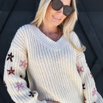 Flower Embroidered V Neck Sweater In Oatmeal - Infinity Raine