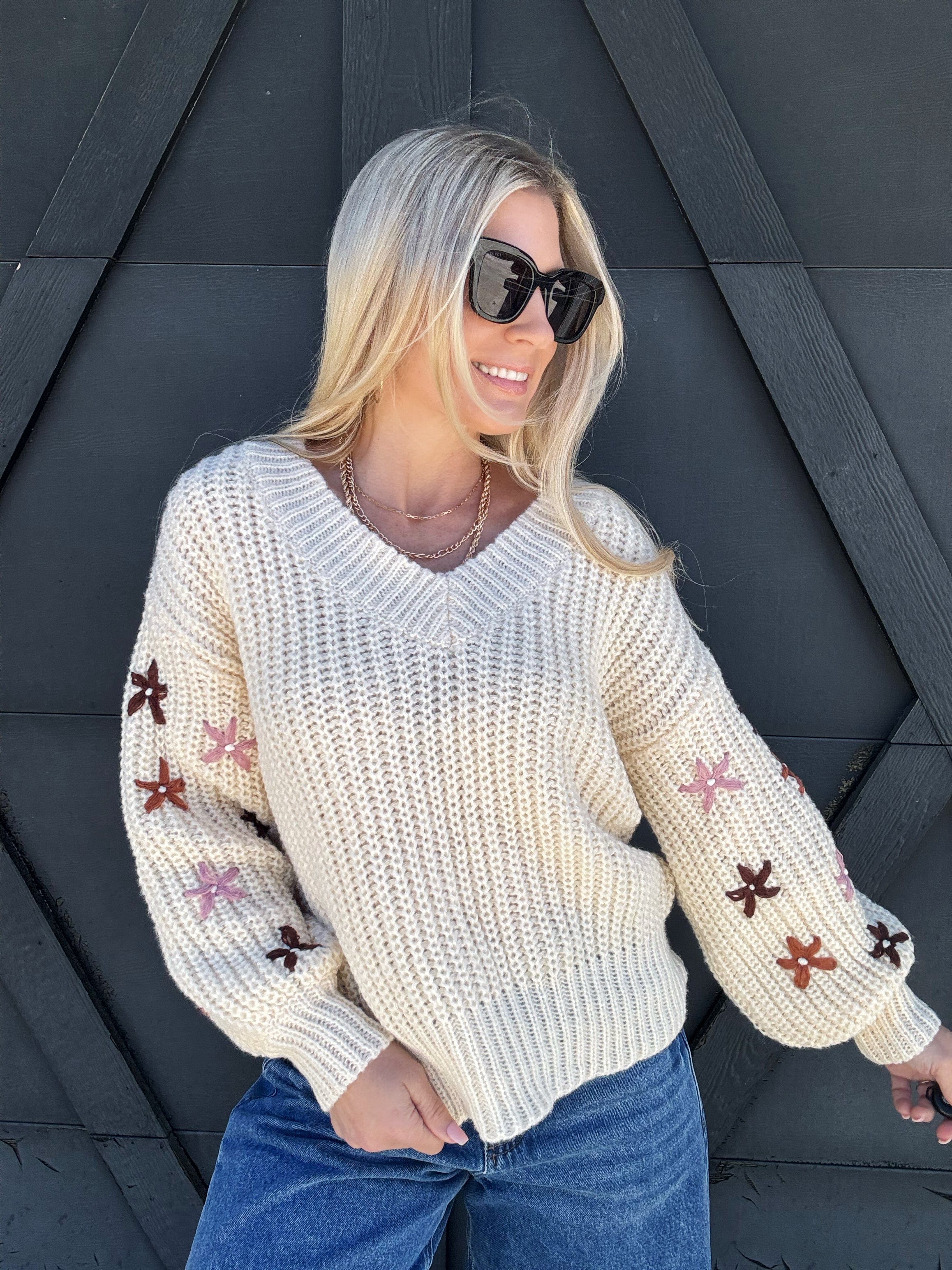 Flower Embroidered V Neck Sweater In Oatmeal - Infinity Raine