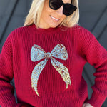 Gold Ribbon Sequin Christmas Sweater In Red - Infinity Raine