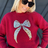 Gold Ribbon Sequin Christmas Sweater In Red - Infinity Raine