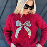 Gold Ribbon Sequin Christmas Sweater In Red - Infinity Raine