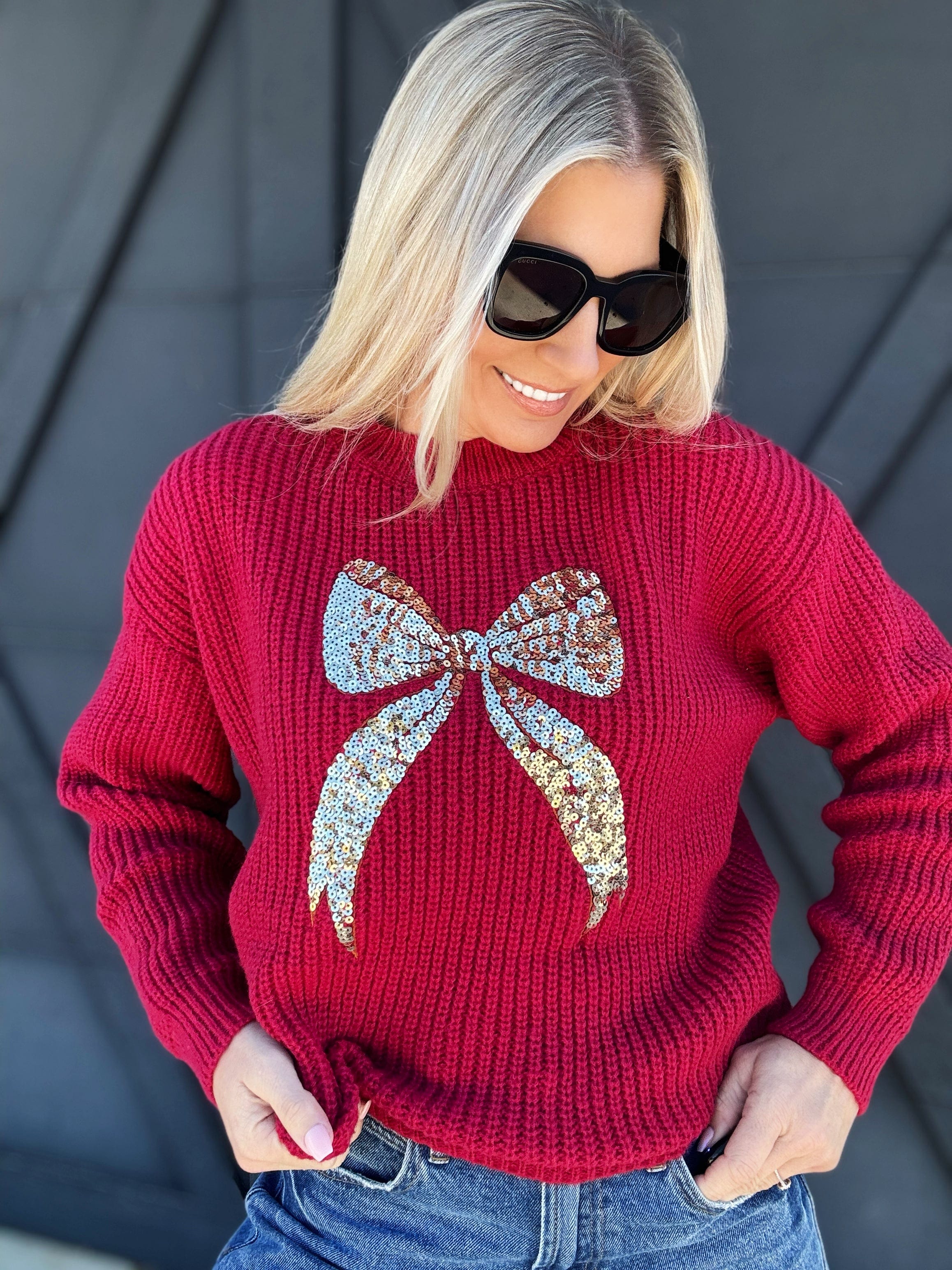 Gold Ribbon Sequin Christmas Sweater In Red - Infinity Raine