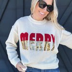 Sequin Merry Christmas Sweater In Ivory - Infinity Raine