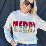 Sequin Merry Christmas Sweater In Ivory - Infinity Raine