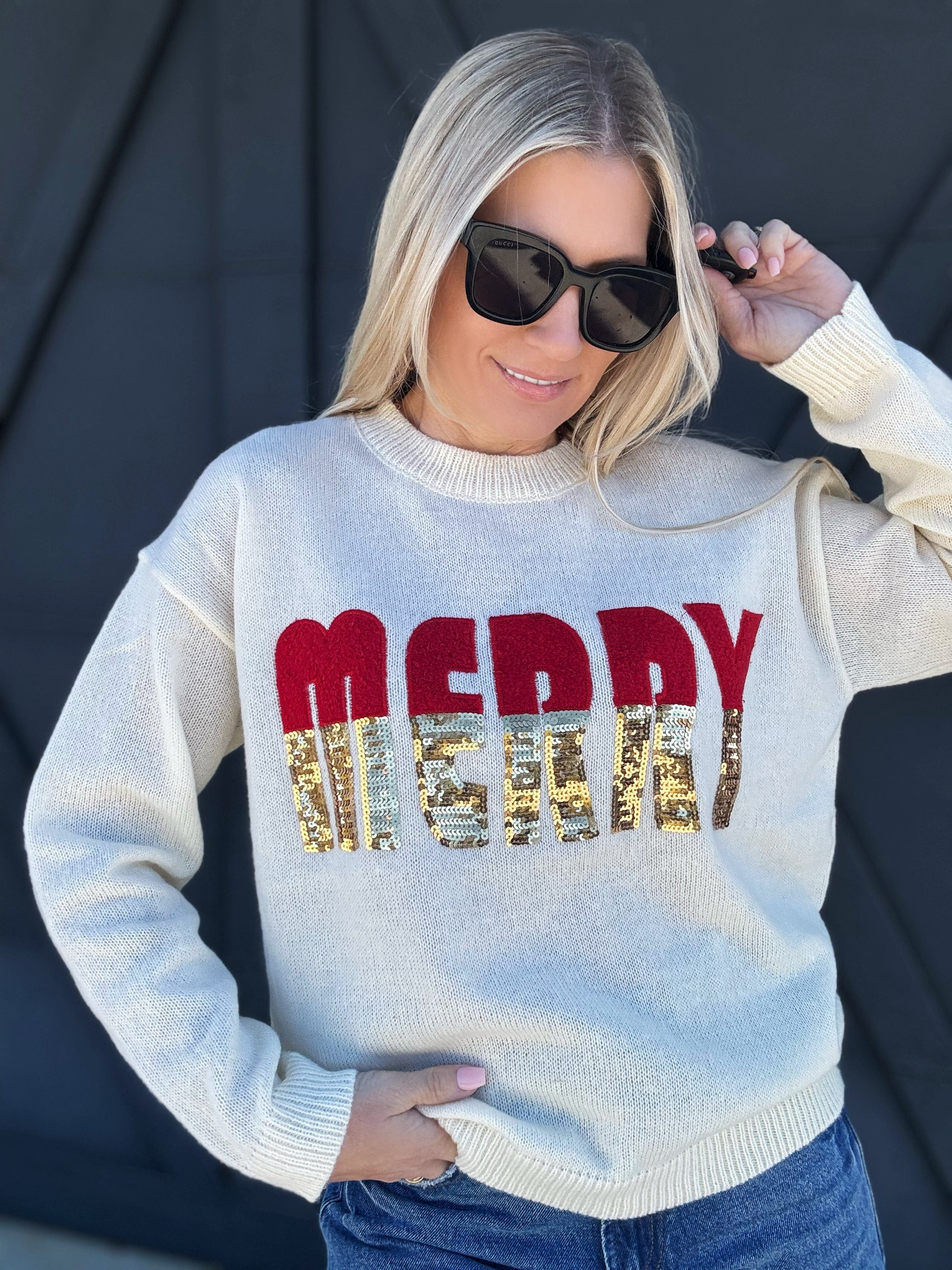 Sequin Merry Christmas Sweater In Ivory - Infinity Raine