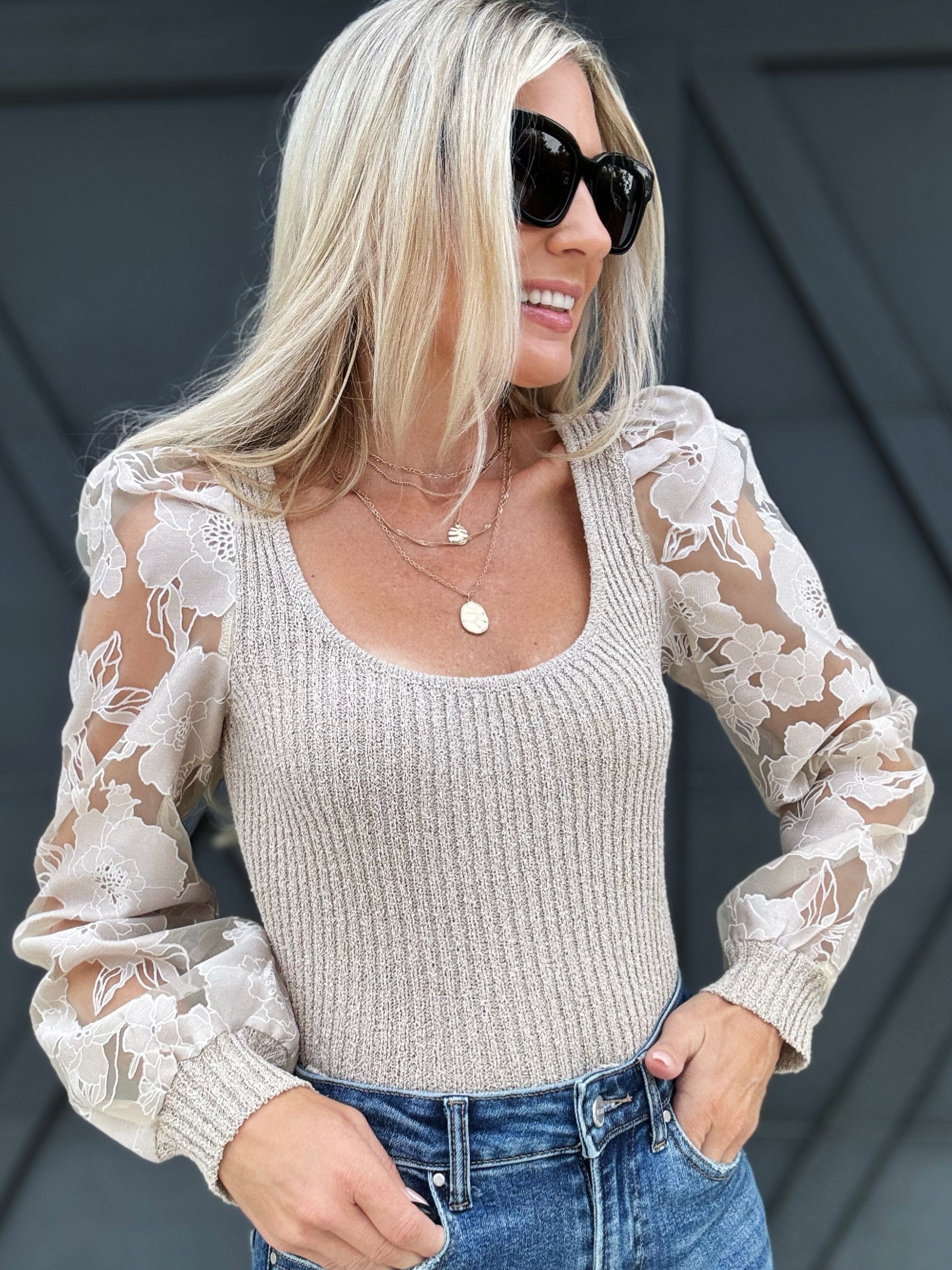 Sheer Lace Sleeve Ribbed Sweater In Oatmeal - Infinity Raine