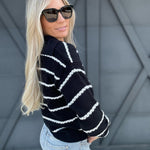 Stripe Shawl Collar Sweater Top In Black - Infinity Raine