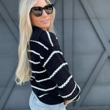 Stripe Shawl Collar Sweater Top In Black - Infinity Raine