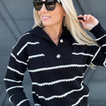 Stripe Shawl Collar Sweater Top In Black - Infinity Raine