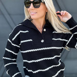 Stripe Shawl Collar Sweater Top In Black - Infinity Raine