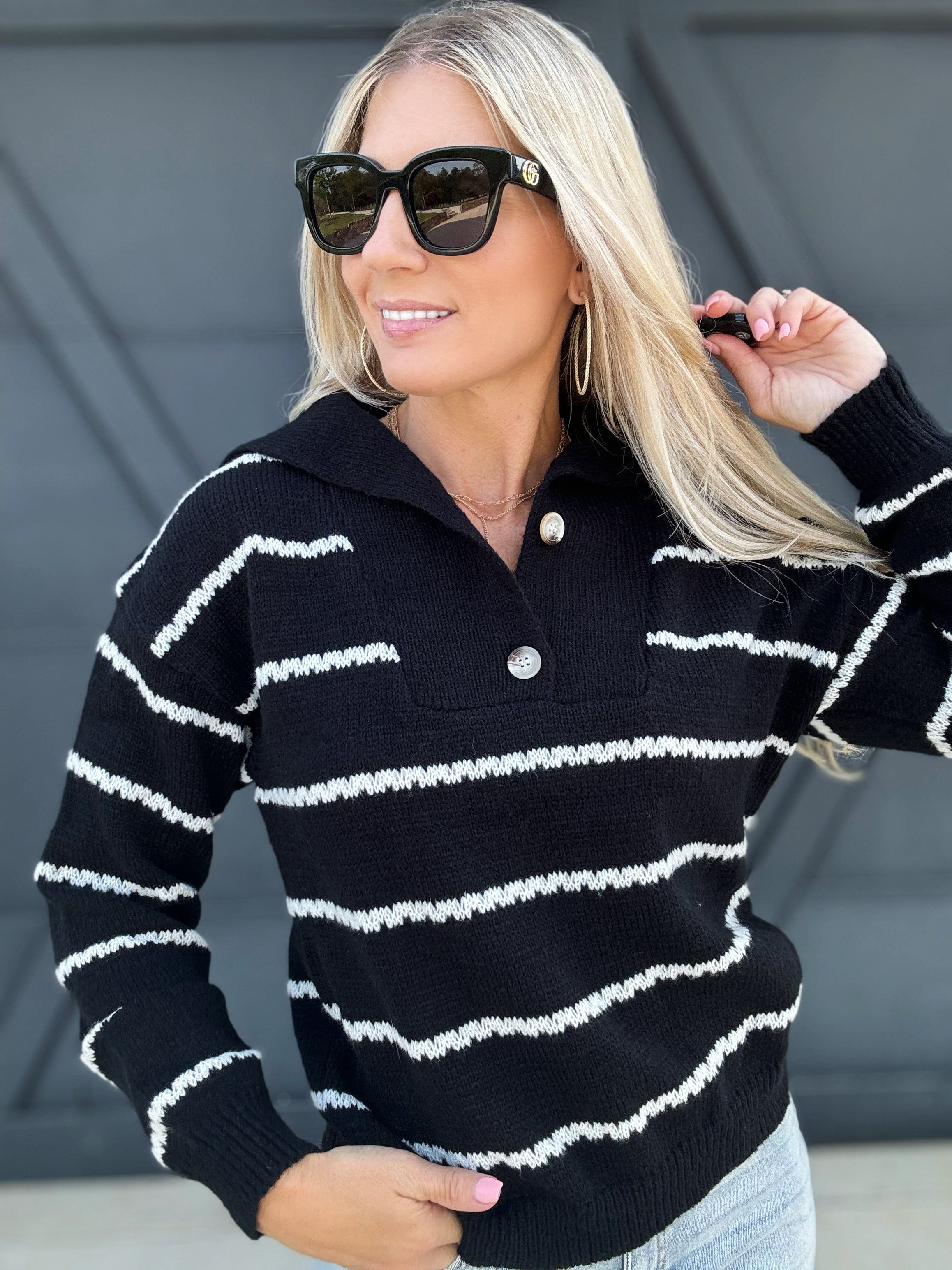 Stripe Shawl Collar Sweater Top In Black - Infinity Raine