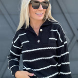 Stripe Shawl Collar Sweater Top In Black - Infinity Raine