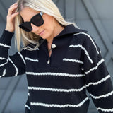 Stripe Shawl Collar Sweater Top In Black - Infinity Raine