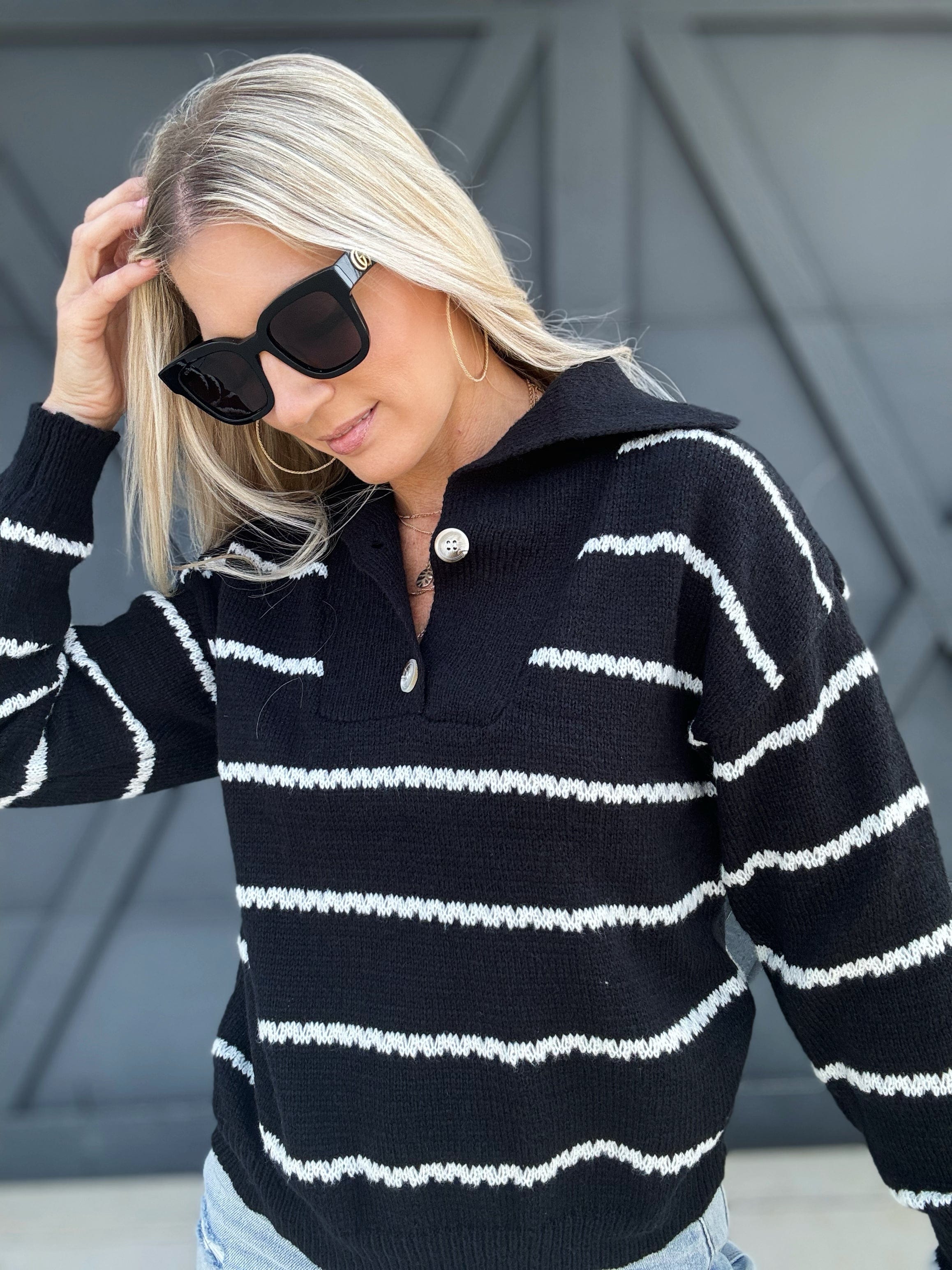 Stripe Shawl Collar Sweater Top In Black - Infinity Raine