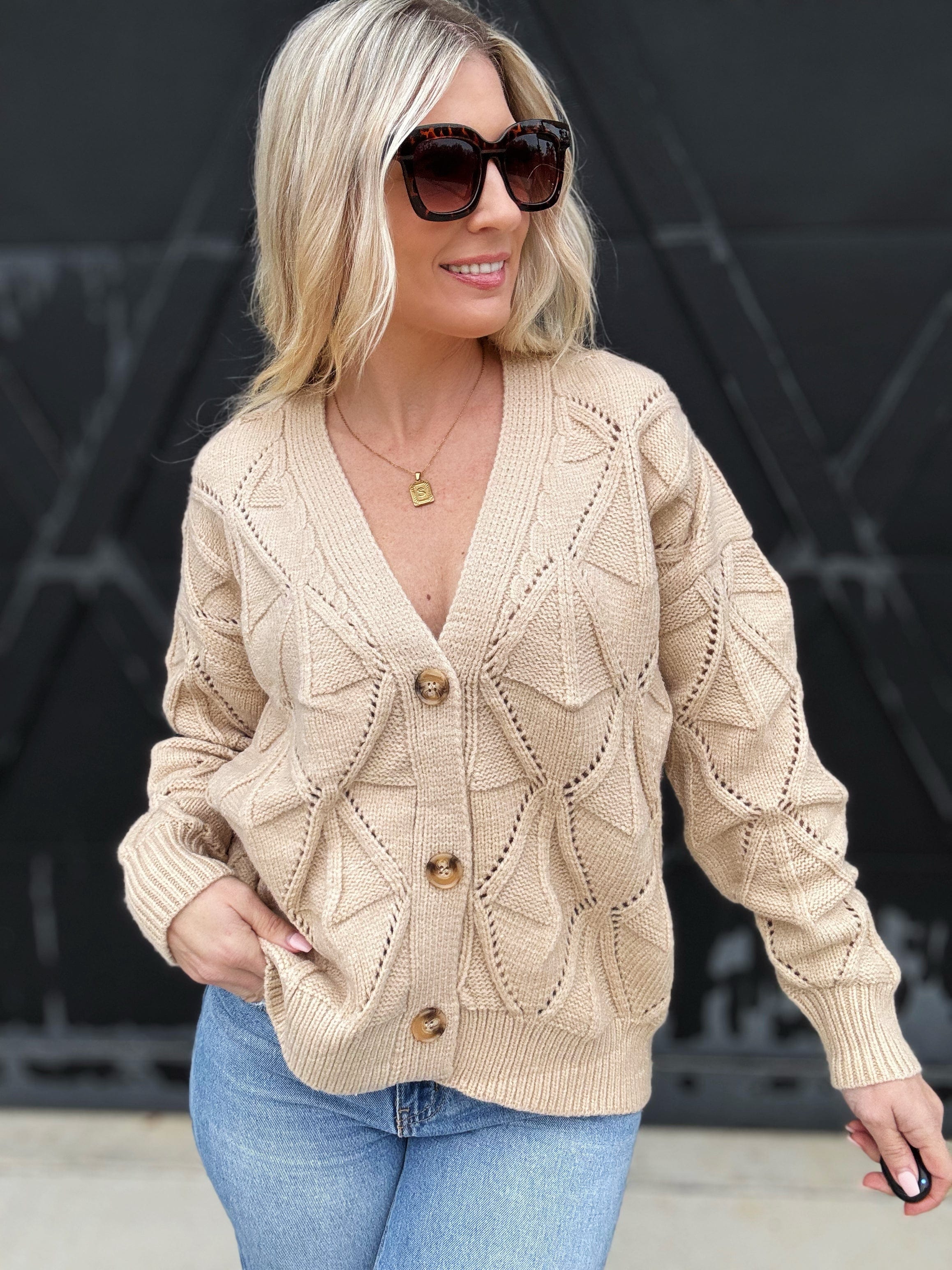 Textured Button Front Cardigan In Oatmeal - Infinity Raine