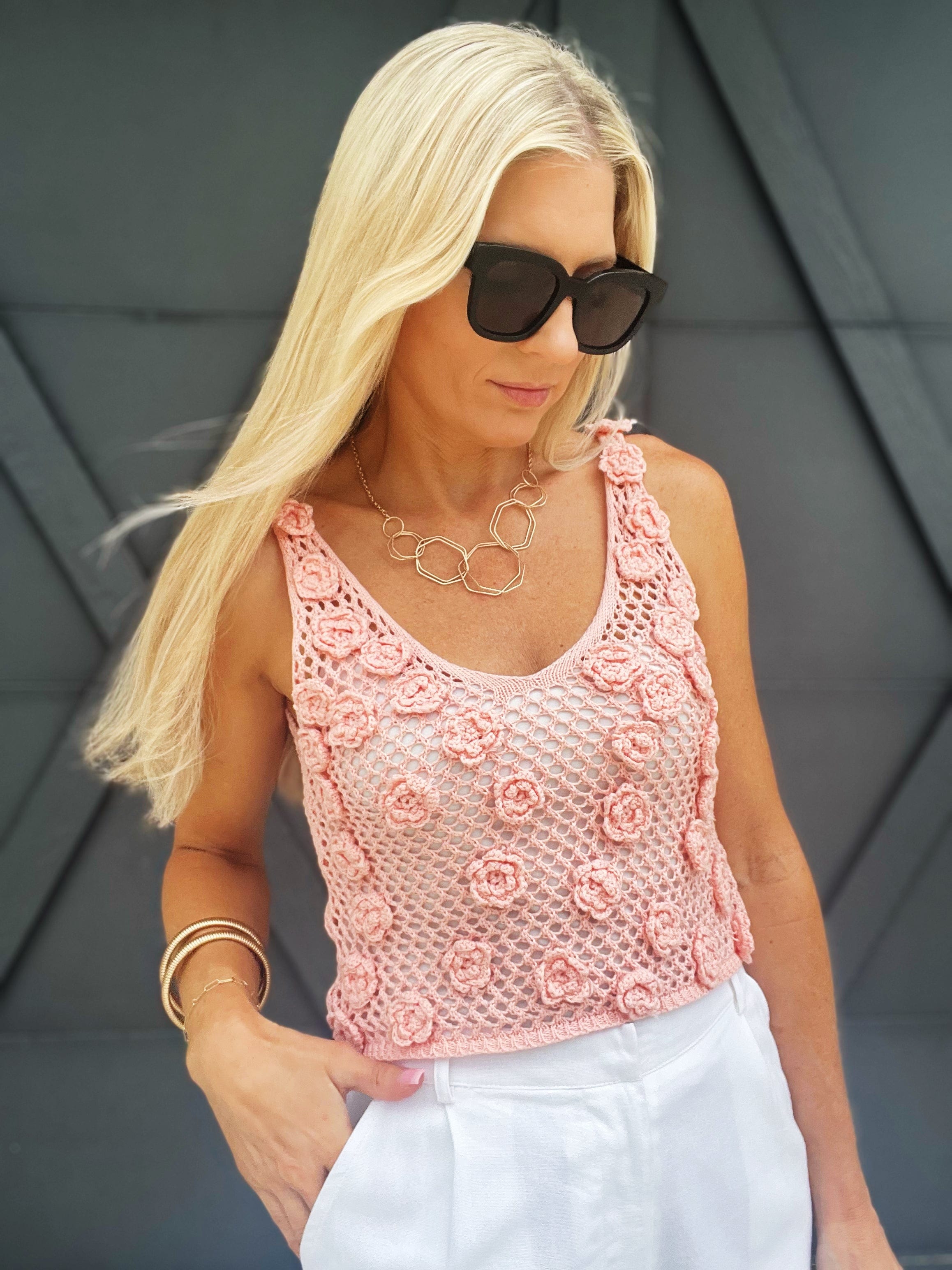 Rose Applique Net Crochet Sweater Tank In Blush - Infinity Raine