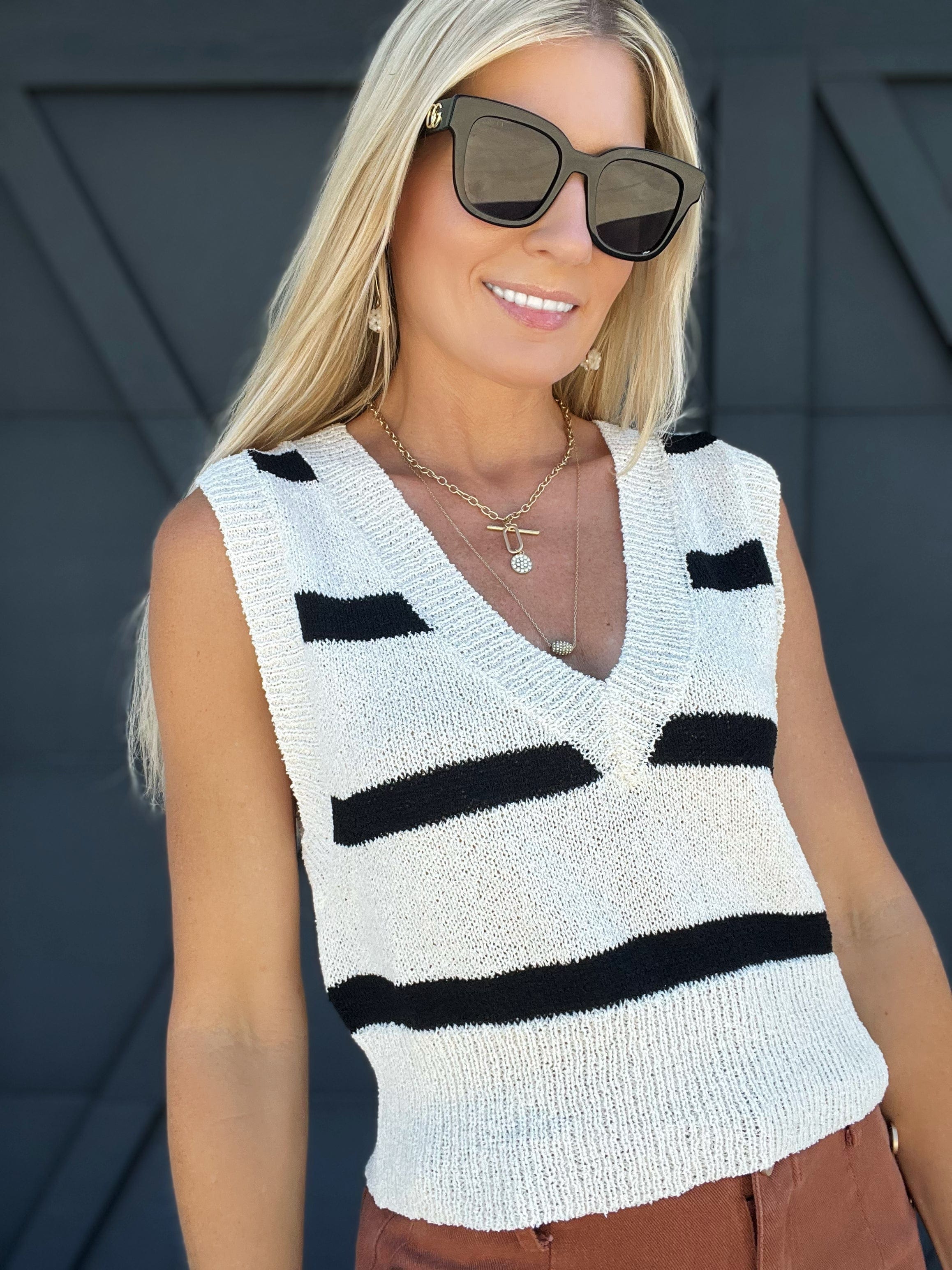 Stripe V Neck Sweater Vest Top In Ivory - Infinity Raine