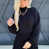 Gabrielle Mock Neck Balloon Sleeve Sweater In Black - Infinity Raine