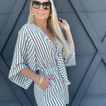 Kimono Sleeve Striped Romper In Grey - Infinity Raine