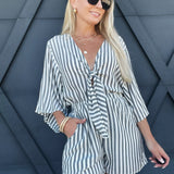 Kimono Sleeve Striped Romper In Grey - Infinity Raine