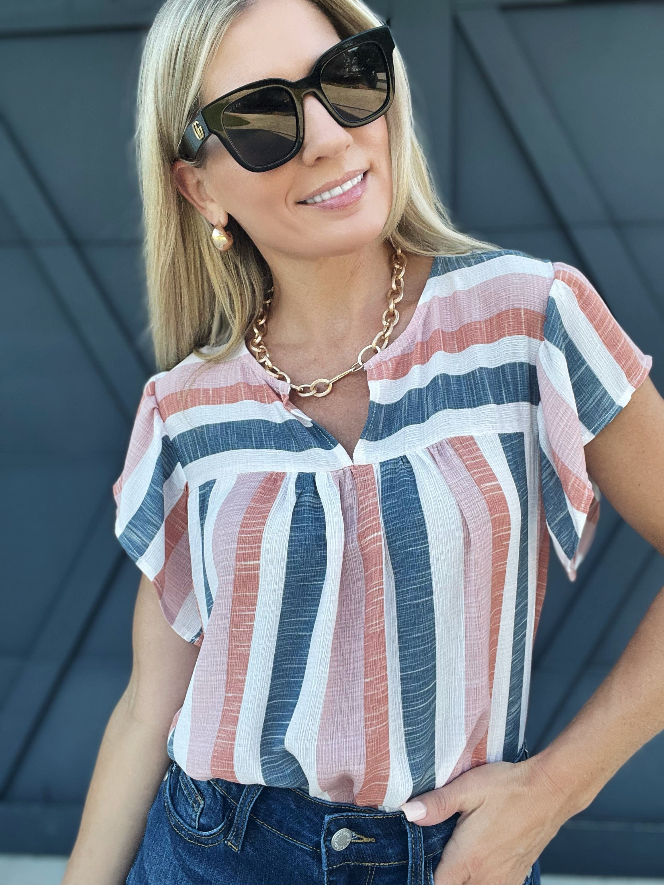 Pleated and Ruffled Stripe Top In Multi - Infinity Raine