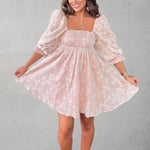 Floral Embroidered Baby Doll Mini Dress in Light Pink - Infinity Raine