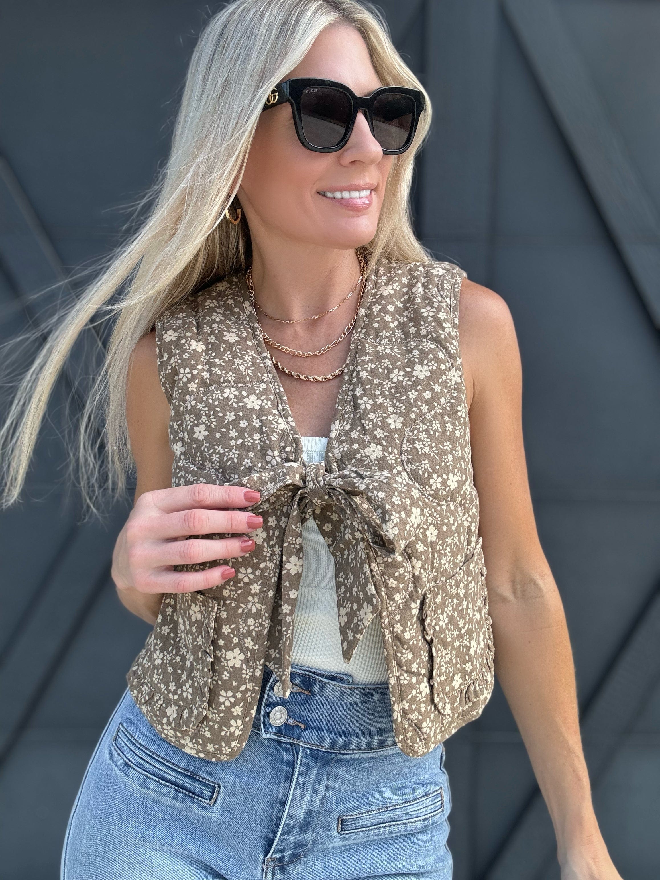 Floral Quilted Bow Vest in Beige and Sand - Infinity Raine