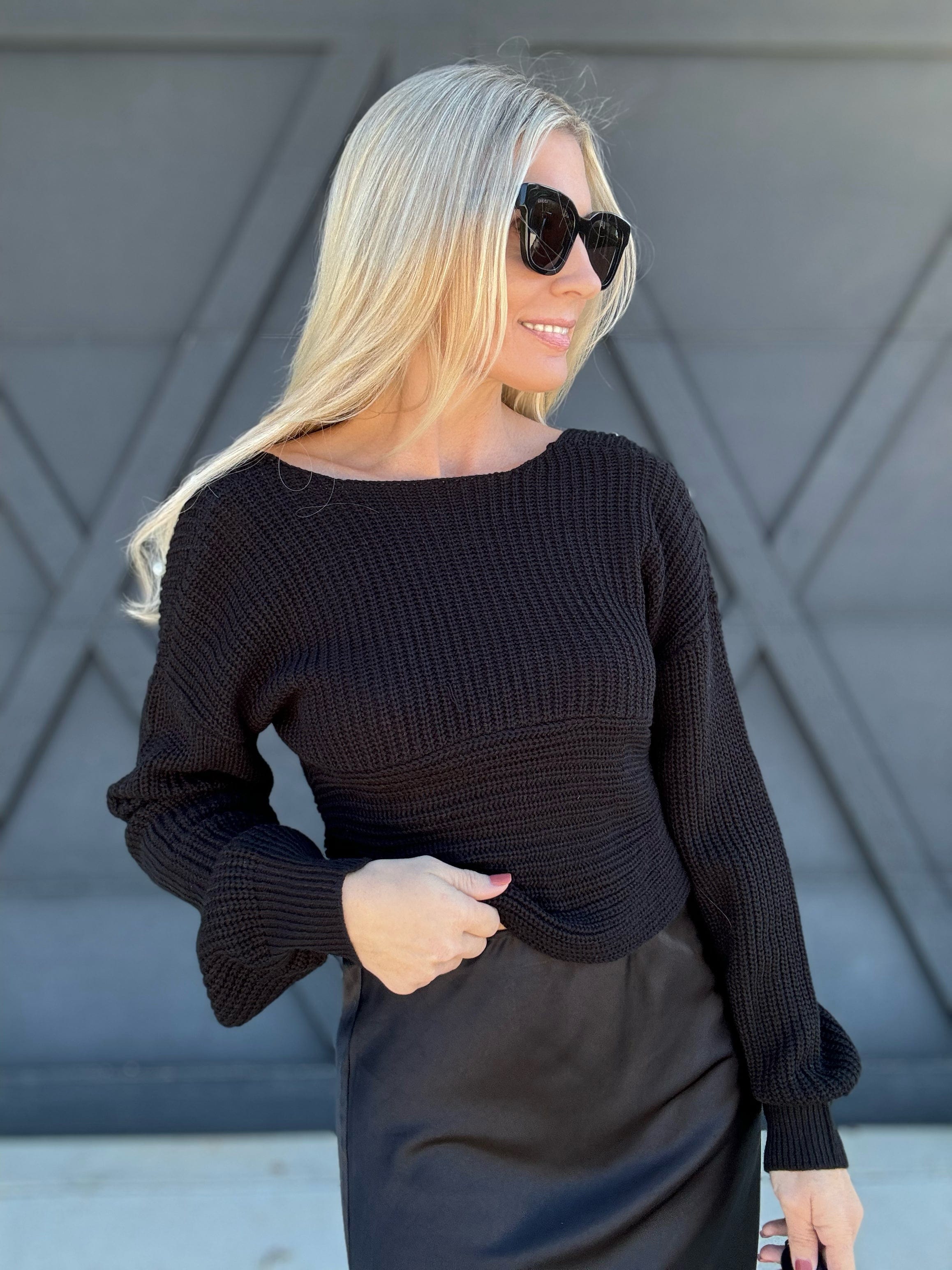 Reversible Cropped Pearl Sweater In Black - Infinity Raine