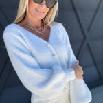 Balloon Sleeve Pearl Button Knit Cardigan In Ivory - Infinity Raine