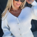 Balloon Sleeve Pearl Button Knit Cardigan In Ivory - Infinity Raine