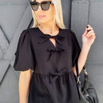 Bowknot Peplum Blouse In Black - Infinity Raine