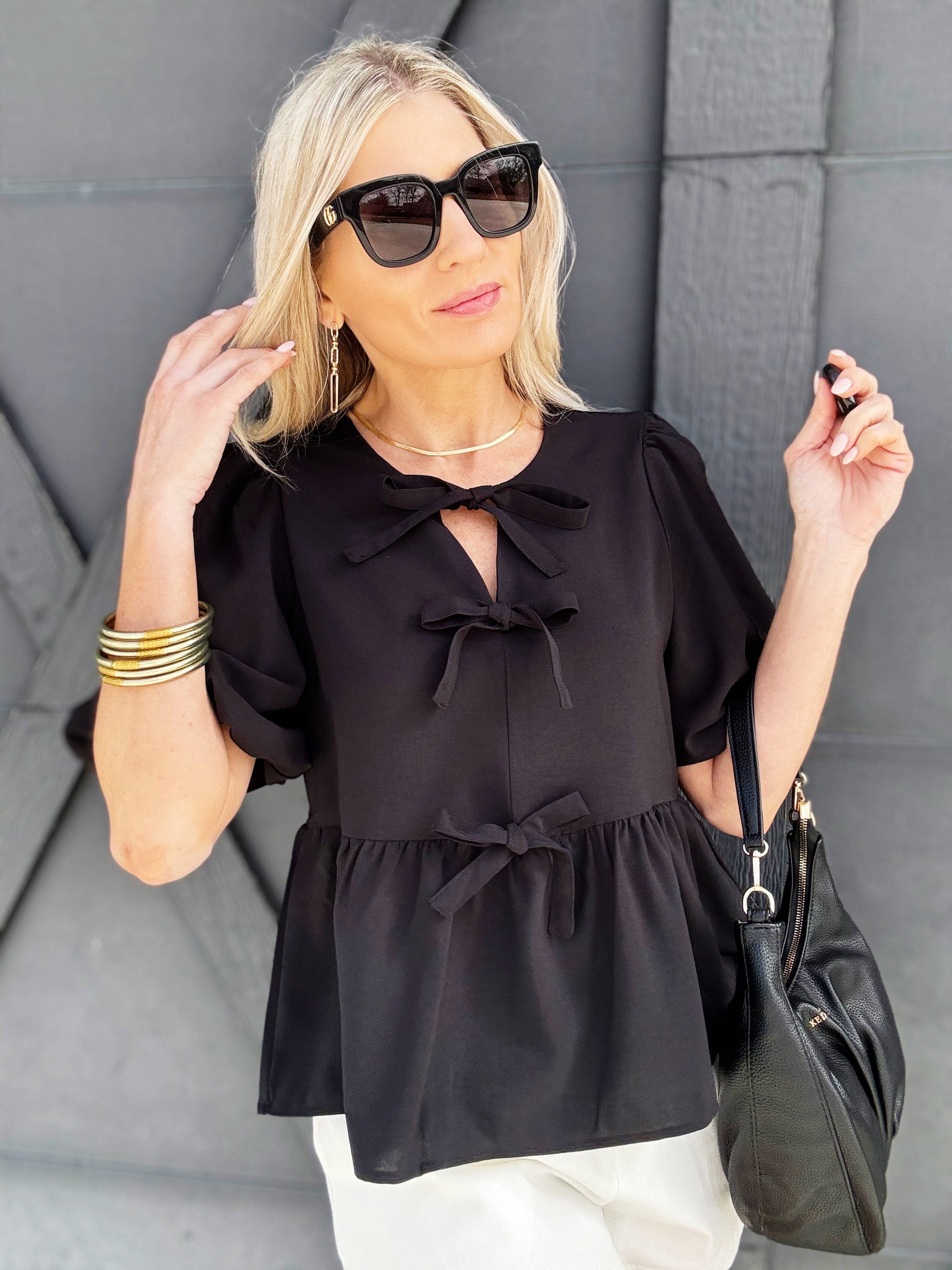 Bowknot Peplum Blouse In Black - Infinity Raine