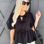 Bowknot Peplum Blouse In Black - Infinity Raine