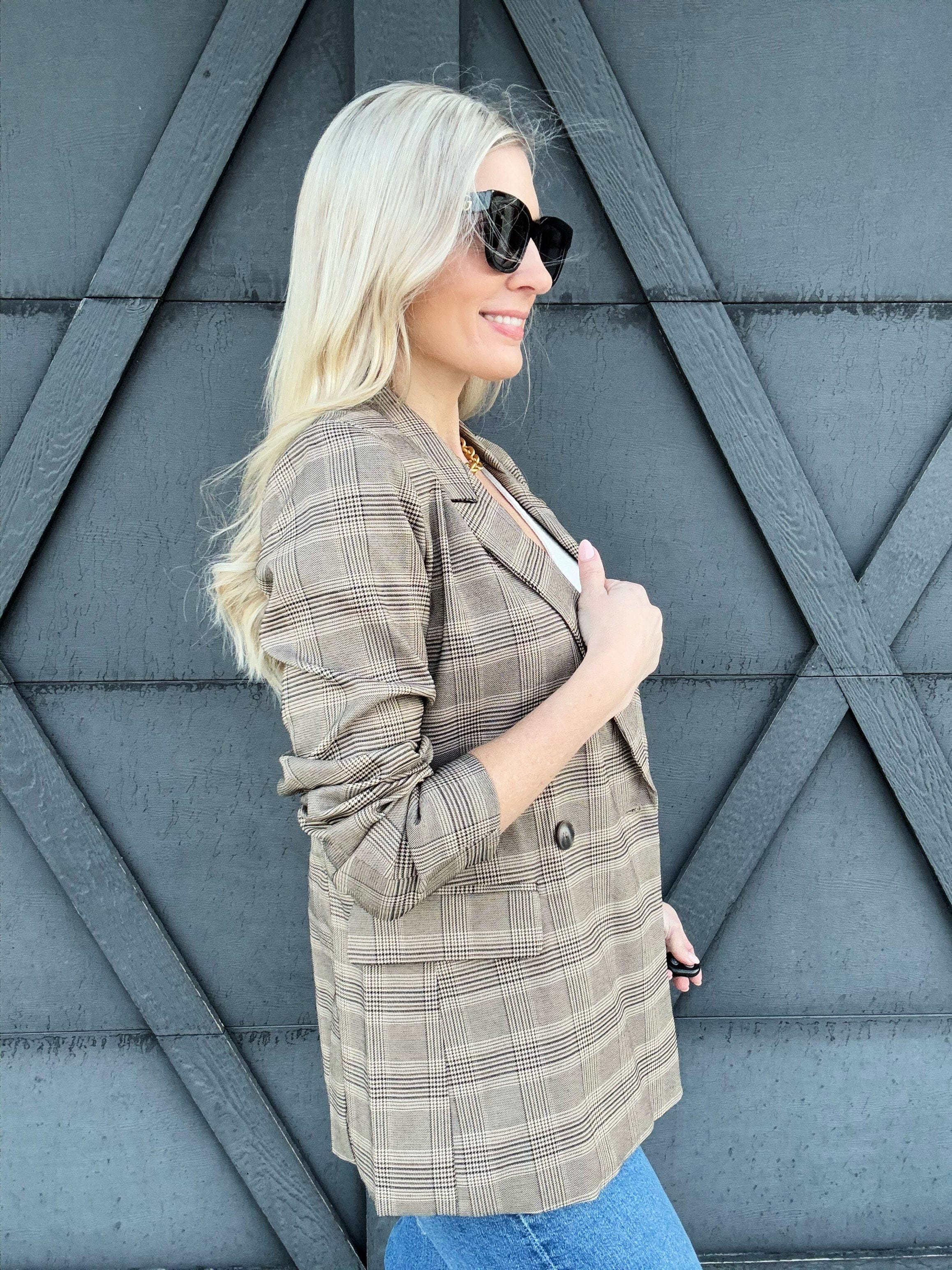 Plaid Collared Blazer In Khaki - Infinity Raine