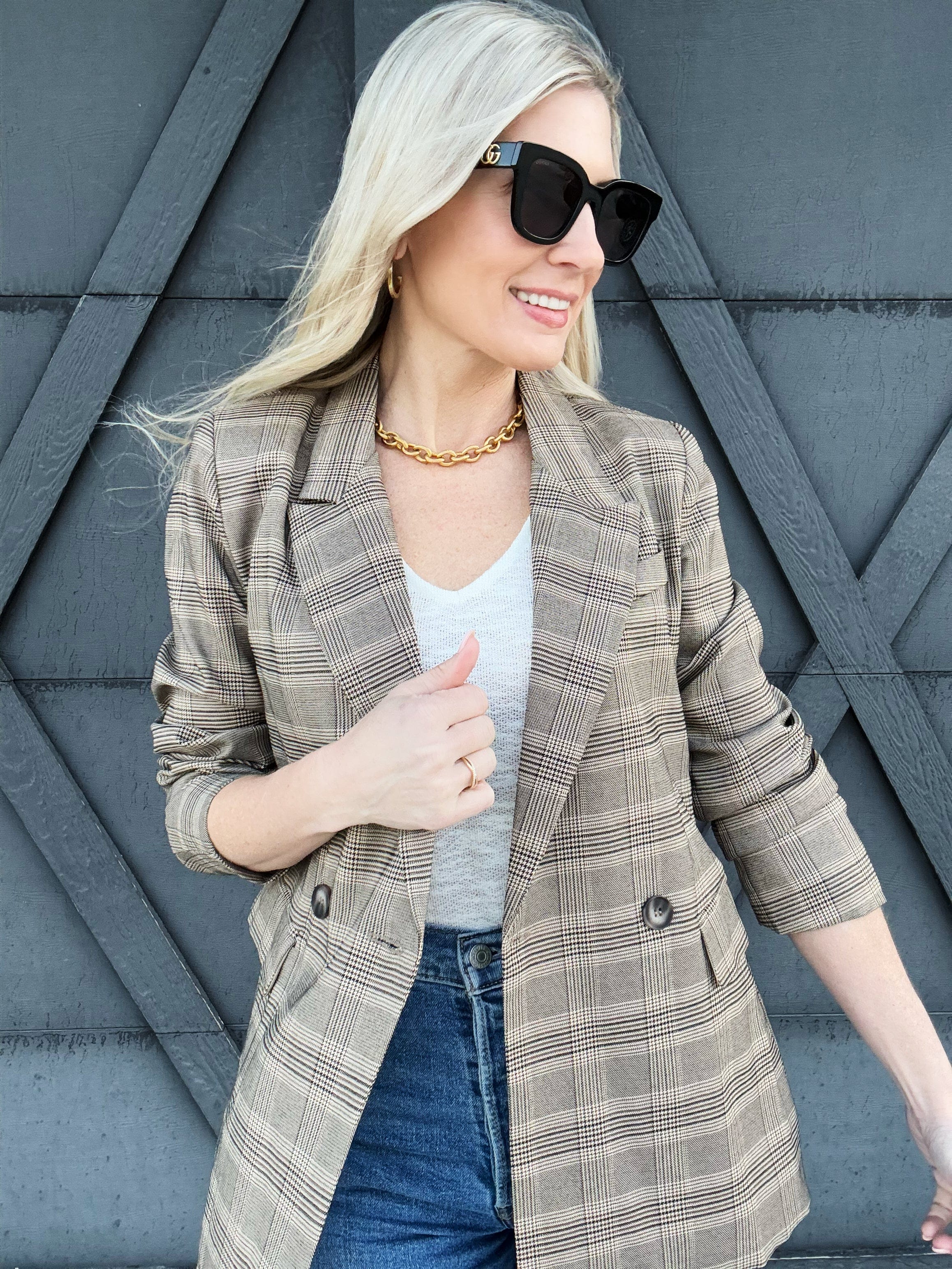 Plaid Collared Blazer In Khaki - Infinity Raine