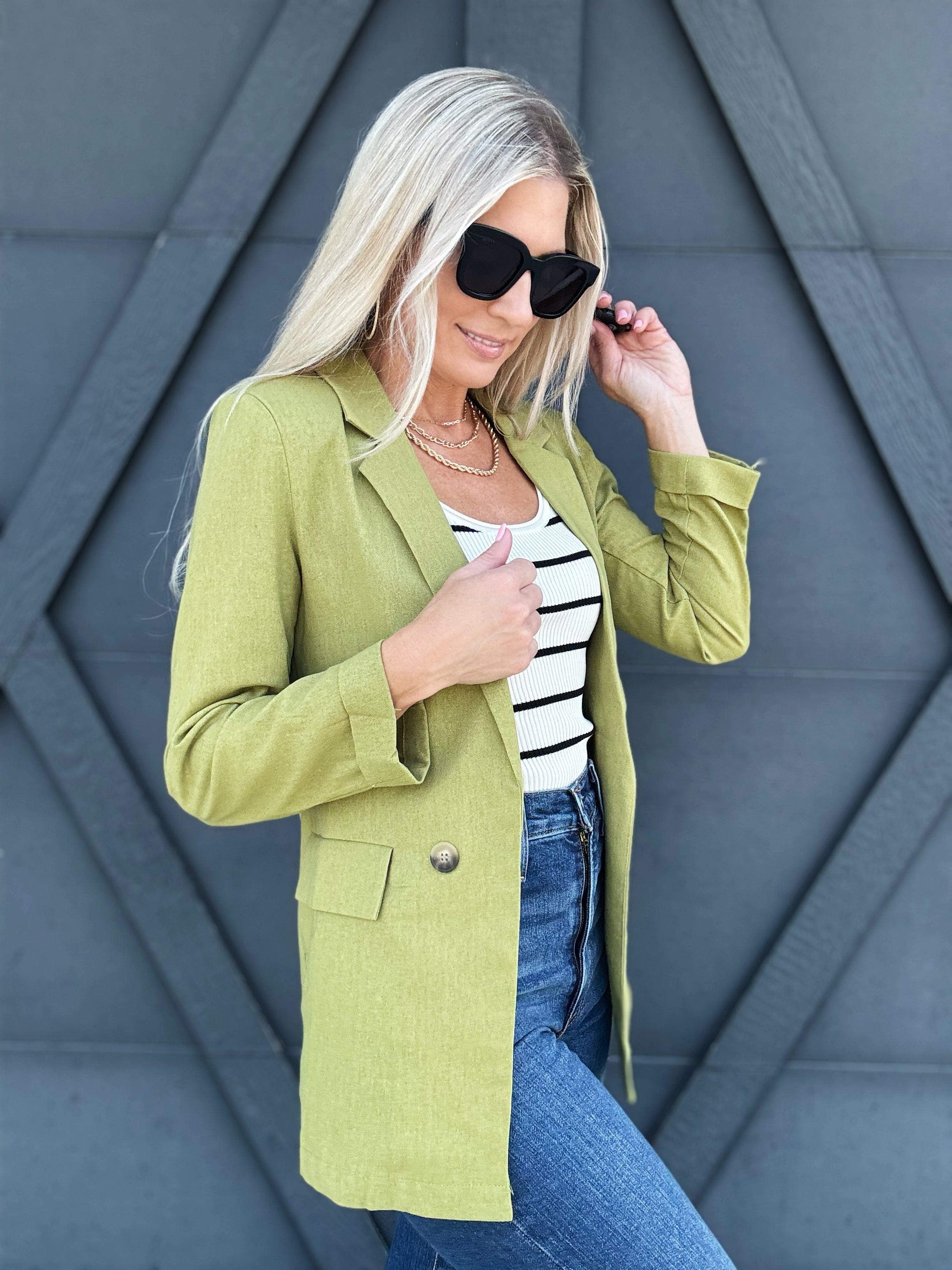 3/4 Sleeve Collared Blazer In Kiwi - Infinity Raine