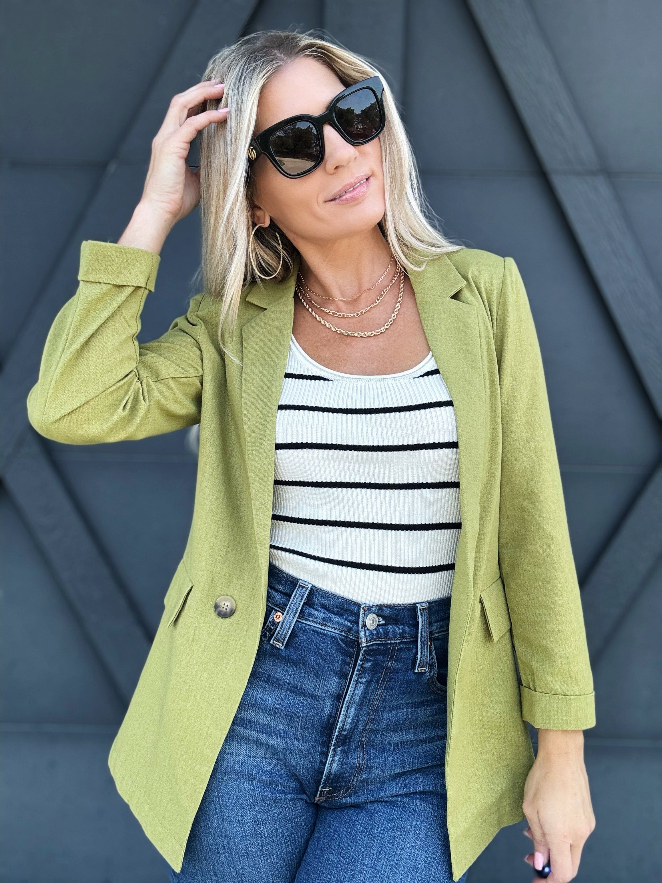 3/4 Sleeve Collared Blazer In Kiwi - Infinity Raine