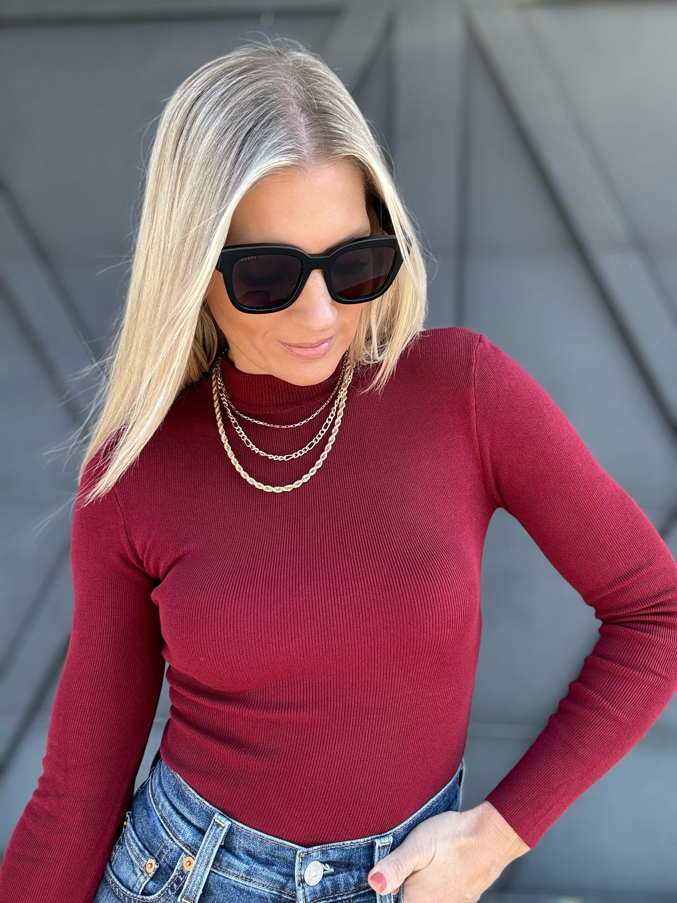 Mock Neck Long Sleeve Sweater Knit Top In Wine - Infinity Raine