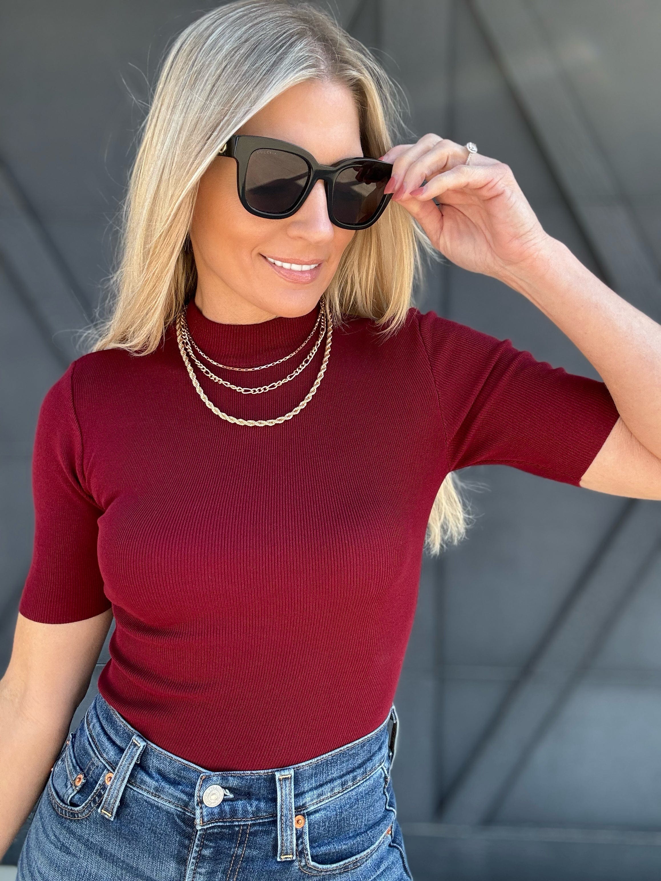 Short Sleeve Mock Neck Top In Cardinal - Infinity Raine