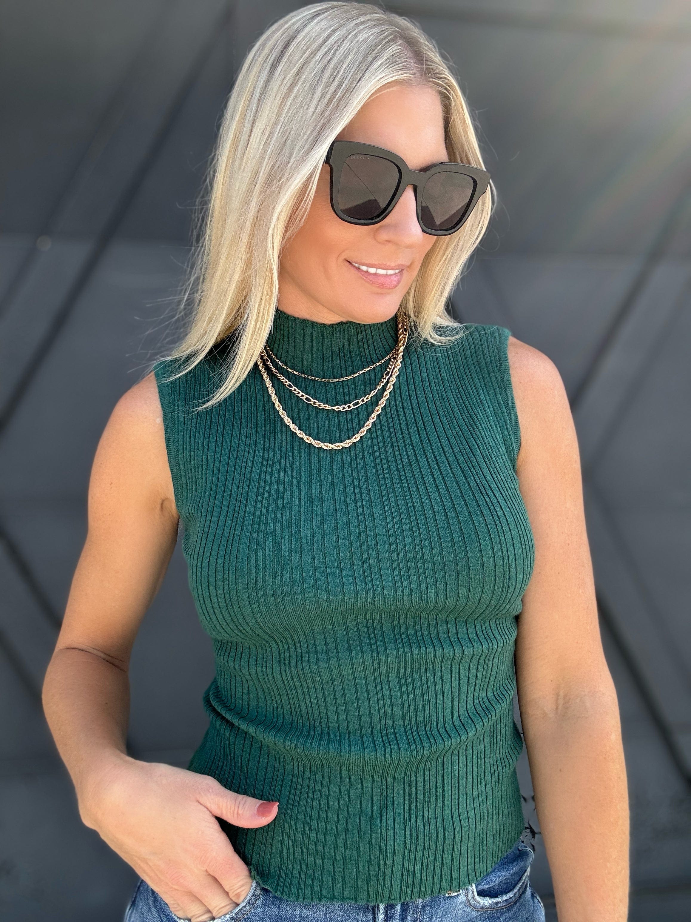 Mock Neck Sleeveless Sweater Knit Top In Dark Green - Infinity Raine